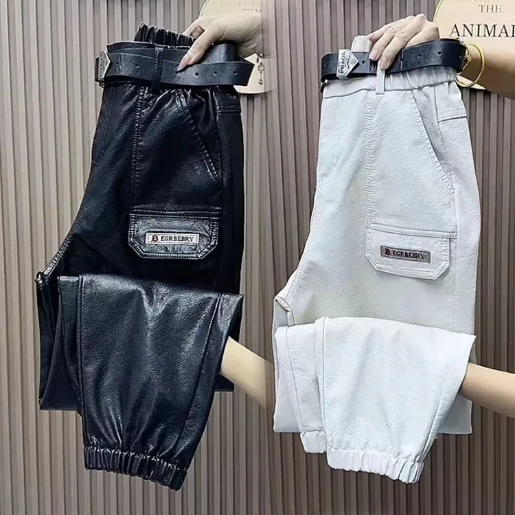 Women's Cargo Leather Pants Fall Winter New Classic Dark Department Fashion Trend Pocket Decoration Loose Oversized Pants 4XL