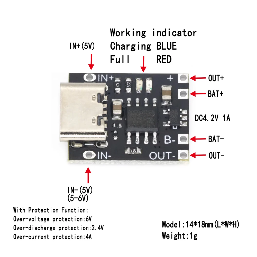 Power Supply Module Ultra-Small Lithium Battery Charging Panel DC 5V 1A Ternary Lithium Battery 3.7V4.2V Charger Type-C Protection Board
