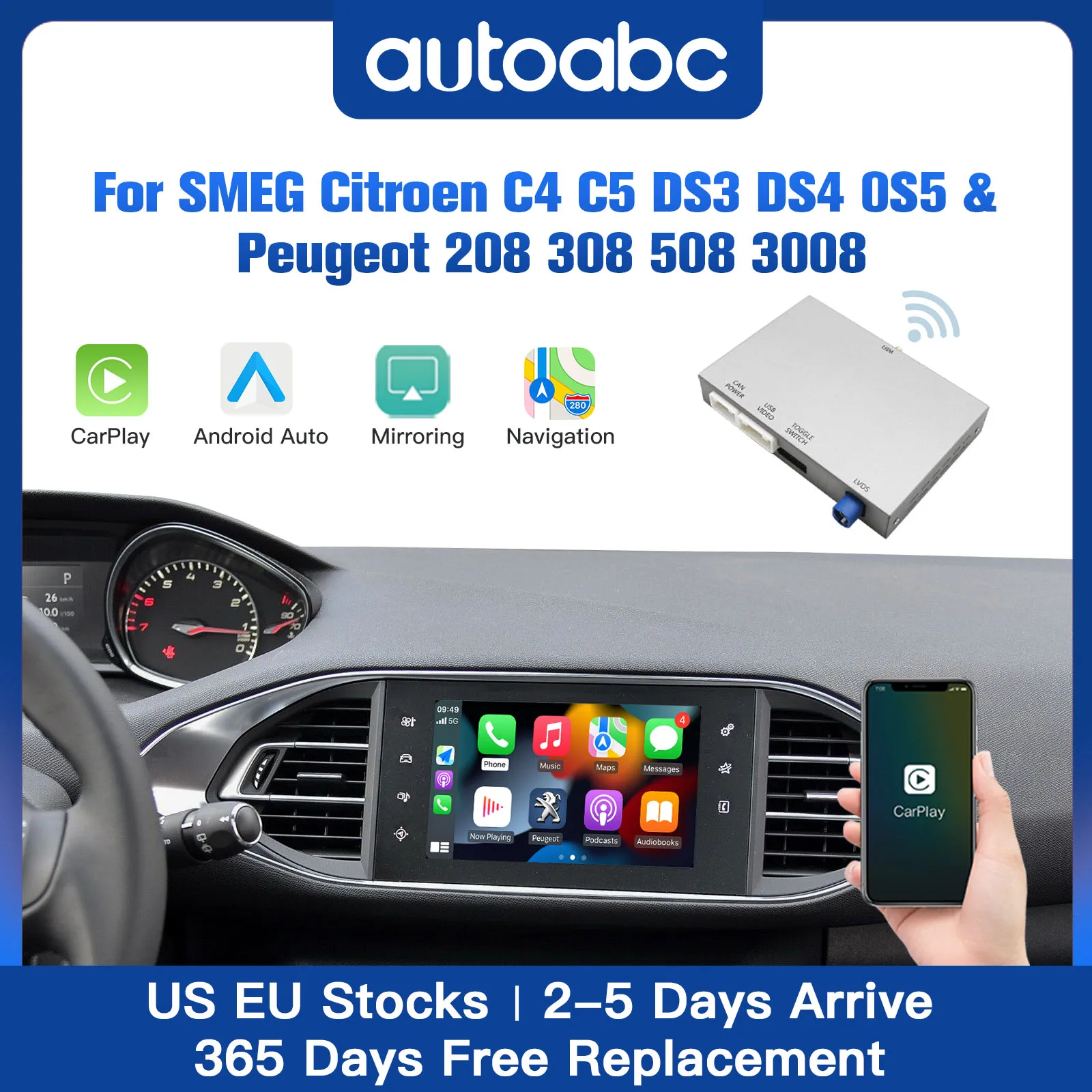 Módulo inalámbrico Carplay Android Auto para Peugeot 208 308 508 3008 Citroën C4 C3 DS3 DS4 DS5 SMEG sistema Airplay Mirror
