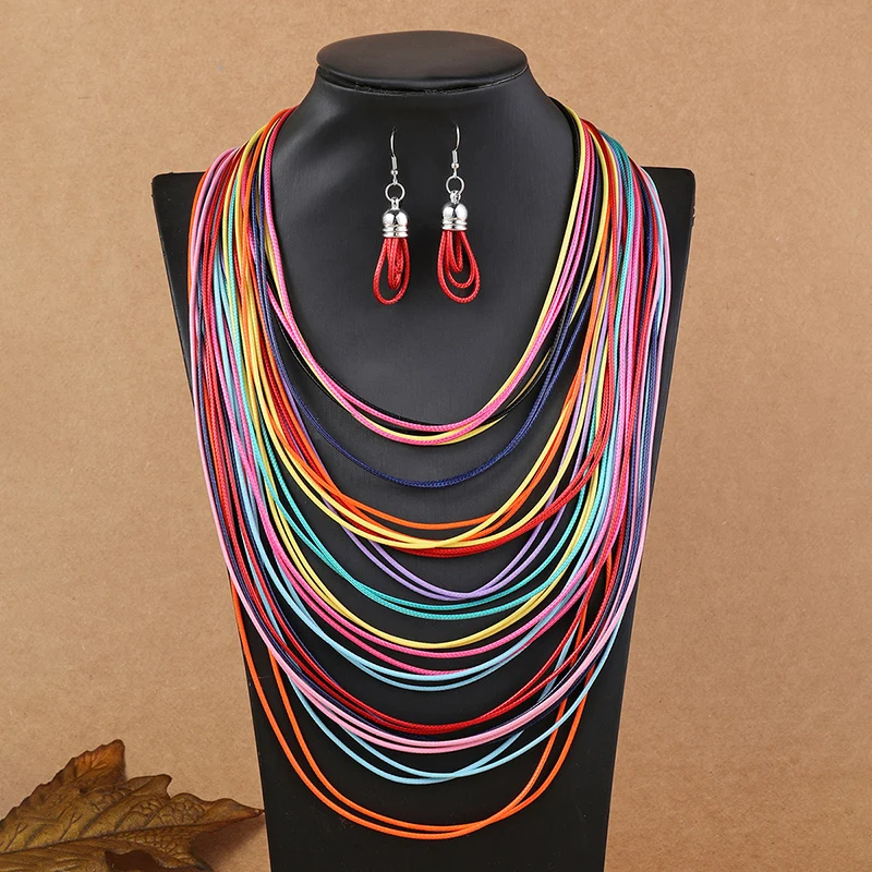 Bunte mehrschichtige Lederschnur Wachs Seil Kette Halskette Schmuckset für Frauen Schnur Schnur Halskette Ohrringe Set Schmuck Geschenke – Detail 7