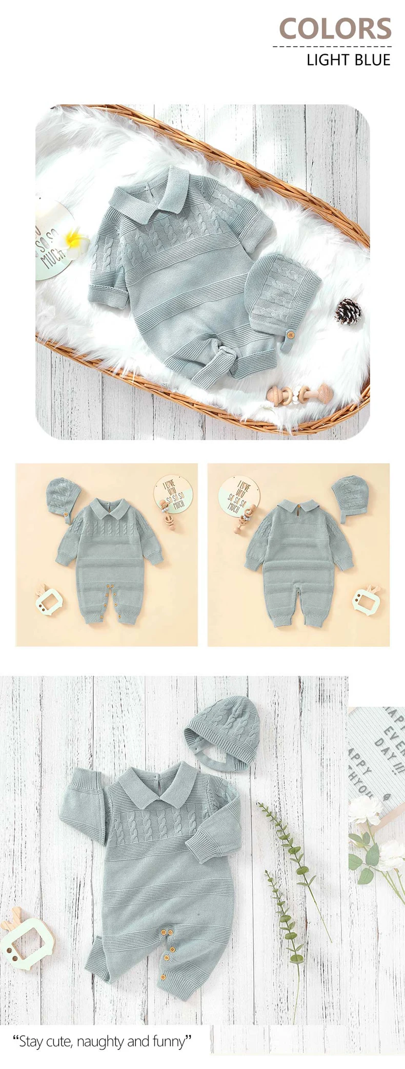 Baumwolle Baby Strampler Gestrickte Neugeborenen Jungen Mädchen Overall Outfits Langarm Herbst Infant Kind Kleidung Hut 0-18M 2 stücke Fashion Solid – Detail 12