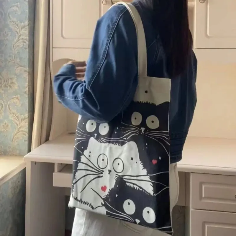 S592ed086f7bd42c8aaca281701688bc0c Canvas Tote Bag for Women Aesthetic Cute Cat Shopping Grocery Reusable School with Inner Zipper Girl Gift Mallzona