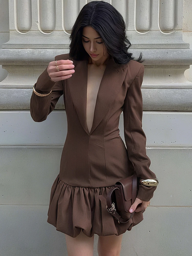 Nibber Puffy Hem Dress Women v-Neck Long Sleeve Folds Patchwork Office Style Street Elegant Skinny Business Party Mini Bodycon