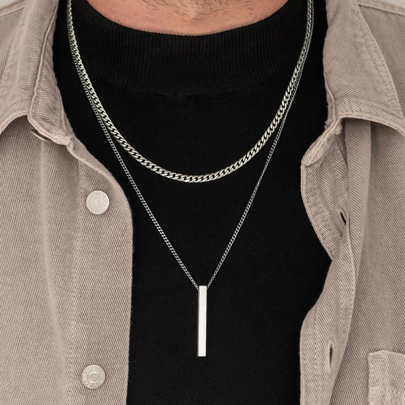 Vnox 3D Vertical Bar Necklaces for Men, Layering Stainless Steel