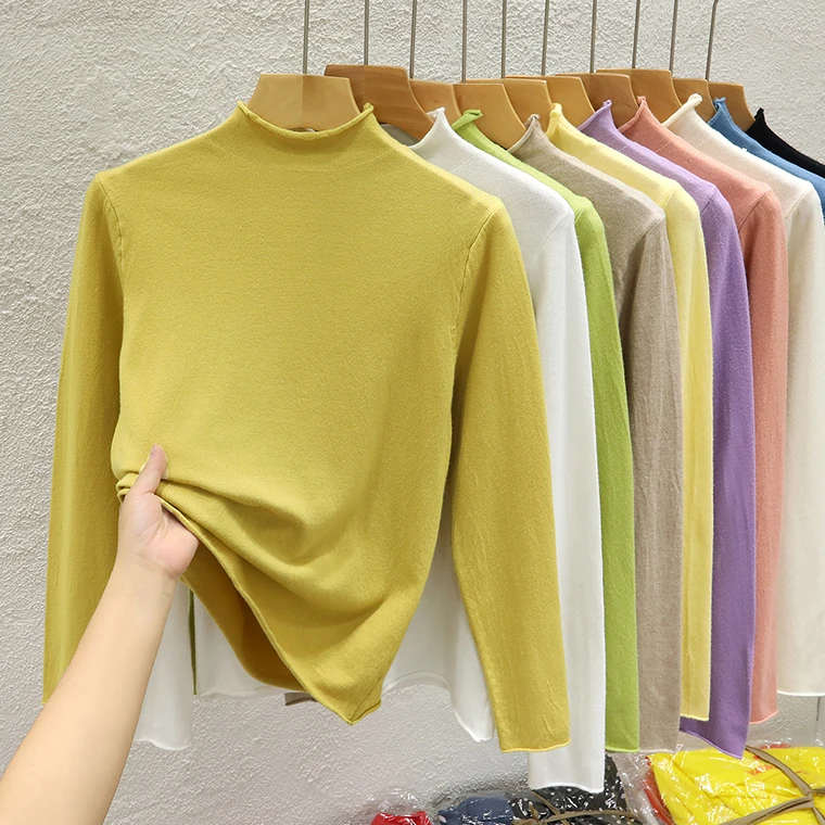 

Spring Autumn Women Pullovers Half High Collar Casual Slim Fit Thin Bottoming Shirt Sweaters Long Sleeve Casual Underwear B92