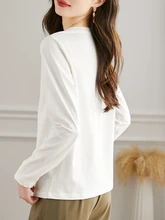  Vimly White Printing T-shirt Tops Basic Casual 100% Cotton Long Sleeve Spring 2023 New Fashion Bottoming Shirt Female Tees V8156 