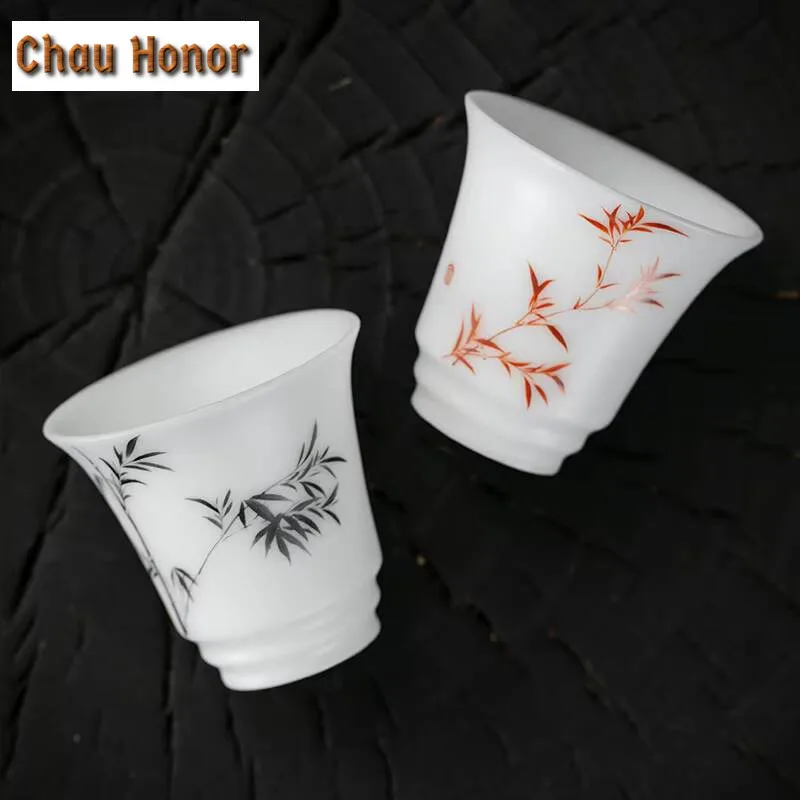 110ml Ice Mutton Fat Jade Porcelain Teacup Hand-painted Bamboo Plain Master Cup Tea Pair Snifter Cup Jianzhan Teaware Gift Box