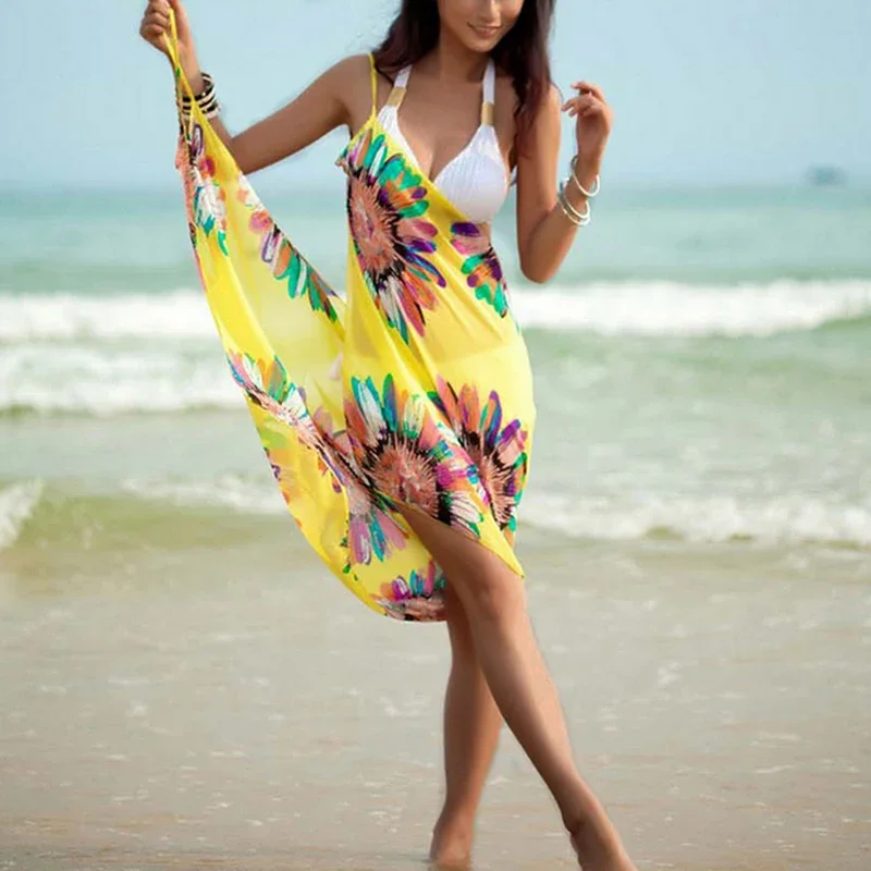 Printed Cover-ups Sexy Beach Dress Women Halter Sling Chiffon Beach Towel Bikini Wrap Pareo Skirts Open-Back Swimwear 2
