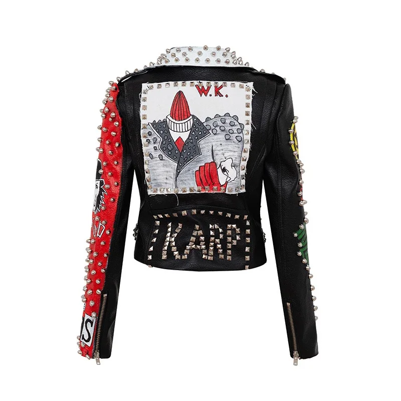 Punk Rivets Motorcycle Leather Jacket Women 2024 Trend Slim-fit Streetwear Graffiti Print Faux Leather Cropped Jacket
