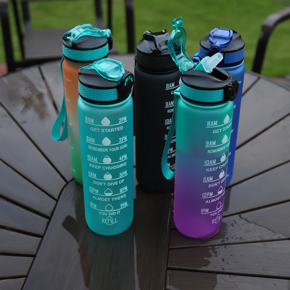 1L Sports Water Bottle Straw Cup 1 Litro with Time Maker Leak-Proof BPA Free Frosted Cup For Outdoor Sports Drinking Bottle sports water bottle portable water bottle