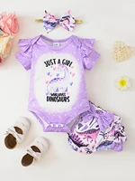 Cute Baby Casual Floral Butterfly Headband Short-Sleeve Romper and Shorts 3-Piece Set