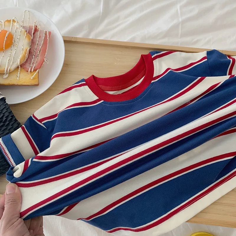 2-7Y Spring Children Clothes For Baby Girl Boys T-shirt Stripe Cotton Long Sleeves Shirts Teen Hoodie Bottoming Shirt Kids Tops 6