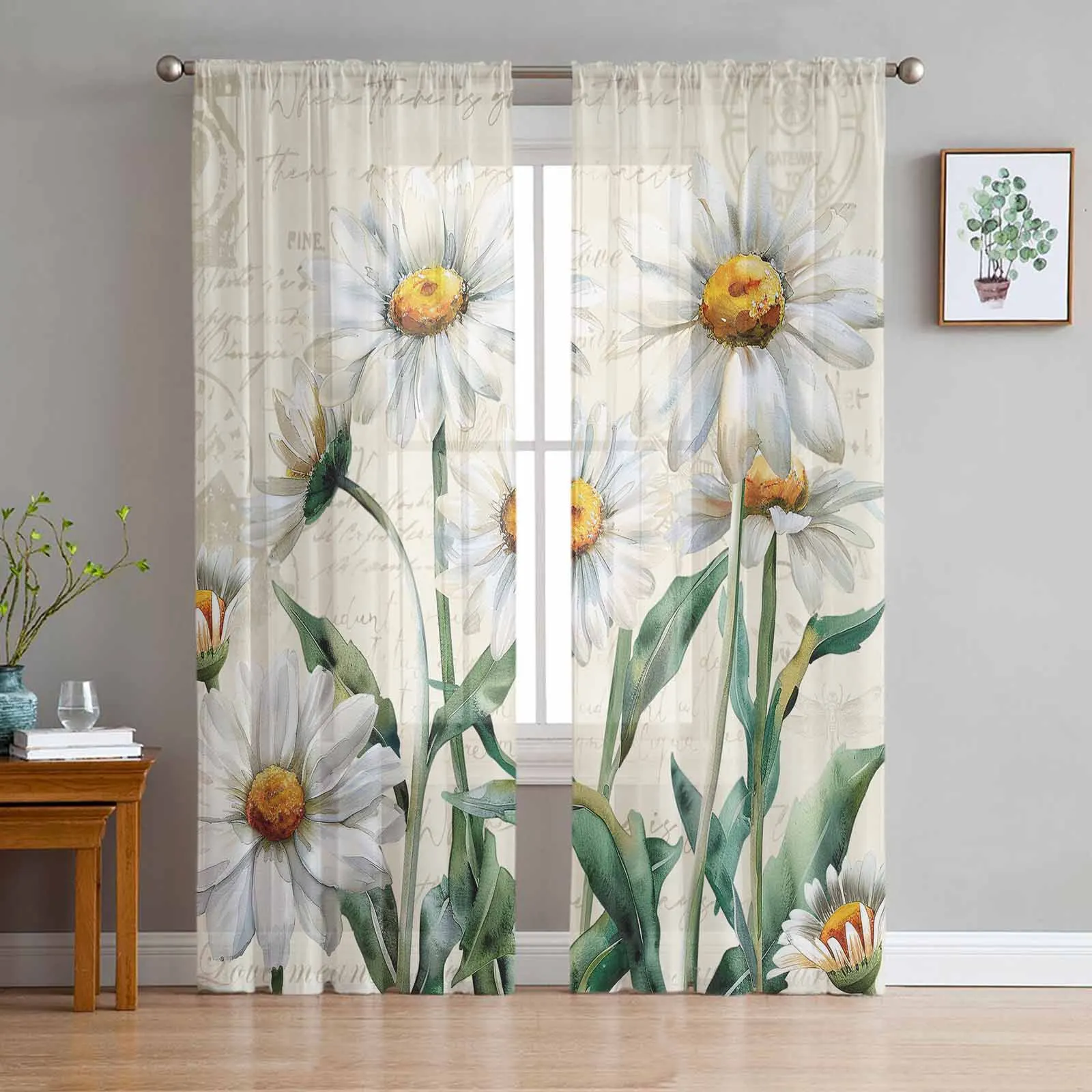 

Spring Flower Daisy Retro Tulle Curtains for Living Room Sheer Curtain for Bedroom Kitchen Blinds Voile Curtains