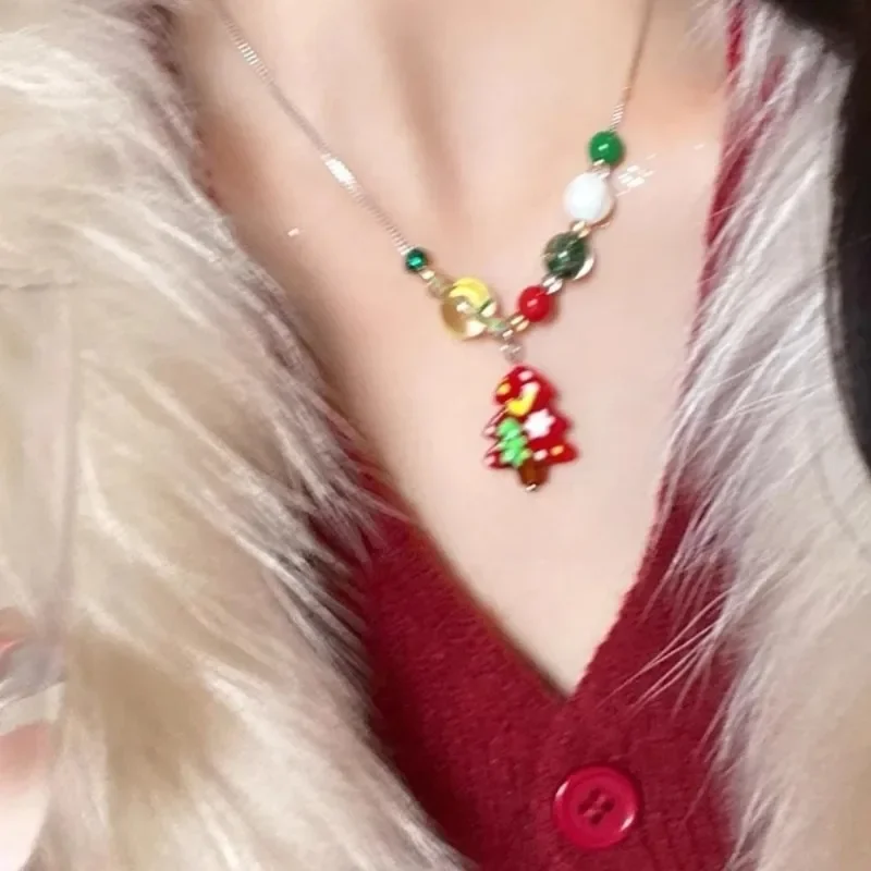 Kawaii Christmas Tree Gingerbread Man Pendant Necklace for Women Men Holiday Choker Party Jewelry Gifts
