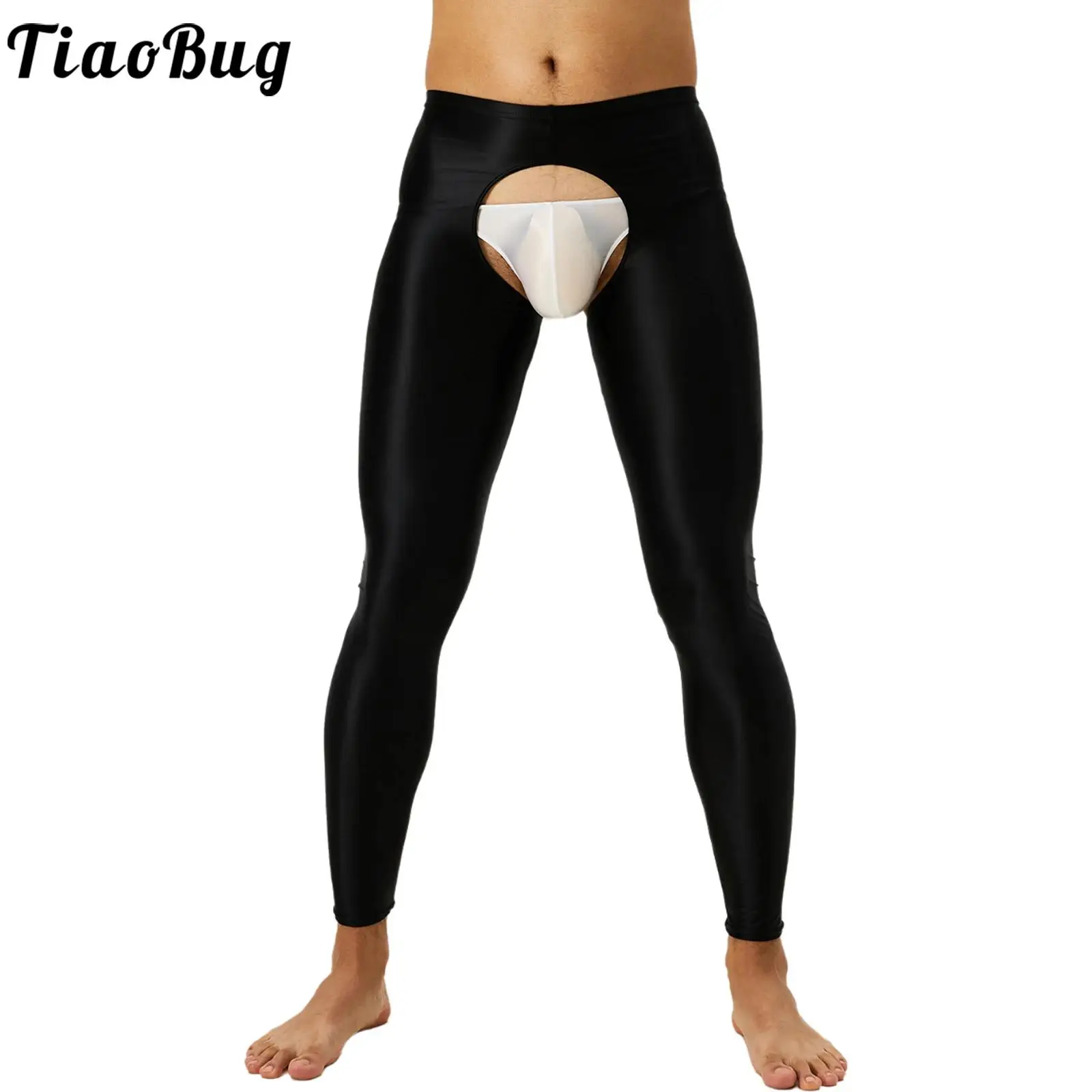 Mens Oil Glossy Open Crotch Leggings Pants Elastic High Waist Slim Fit Tights Trousers Underwear for Nightclub Dance Wear men leggings