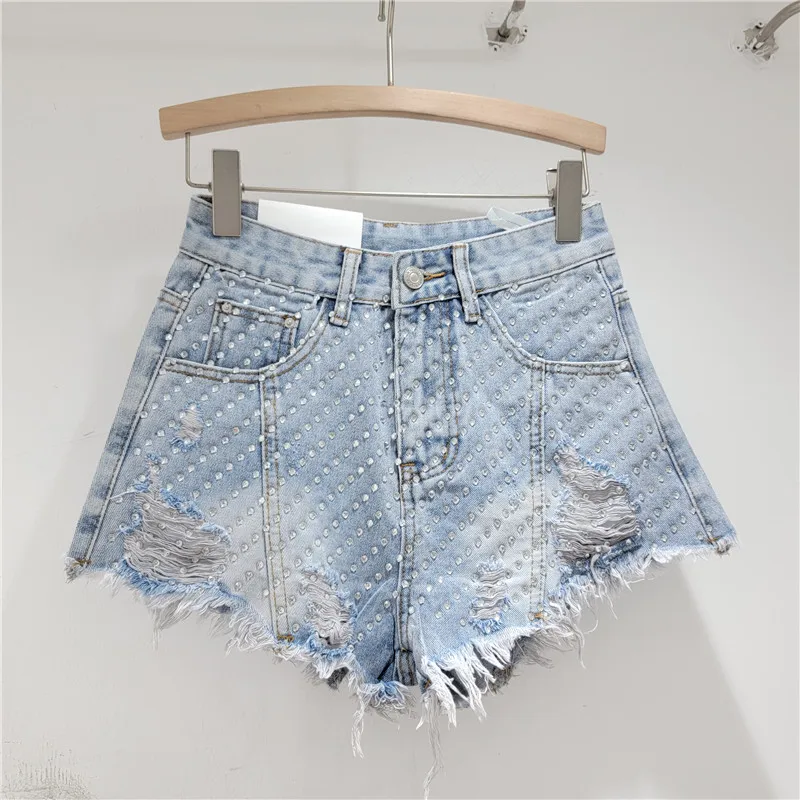Heavy Embroidery Diamond Drills Denim Shorts Women's 2024 Summer High Waist Slimming Hot Girl Ripped Raw Hem Wide Legs Hot Pants