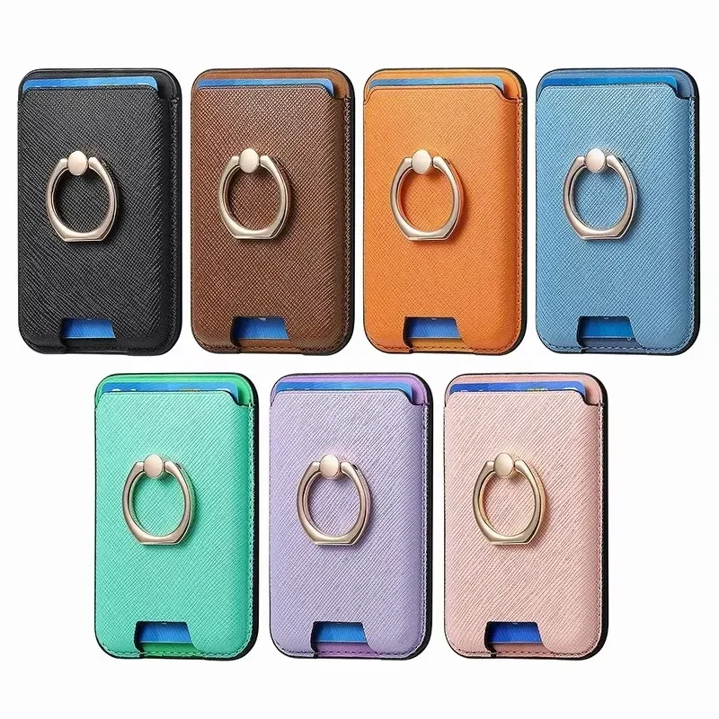 Leather Magnetic Card Holder Wallet with Finger Ring Stand