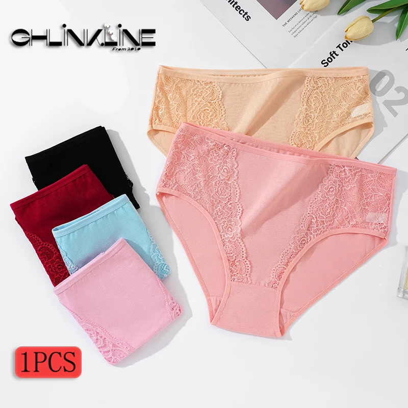 

Cotton Panties Lace Big Size Mid Waist Women's Underwear Solid Color Comfort Briefs Ladies Breathable Intimates Lingerie