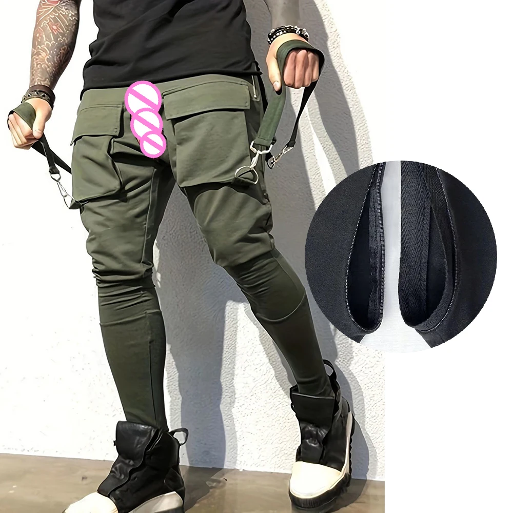 Men Cargo Pants Invisible Open Crotch Outdoor Sex  Autumn Fashion Hip Hop Casual Pants Sweatpants Erotic Trousers