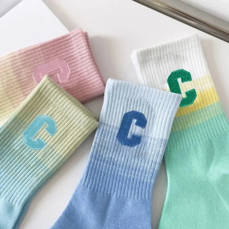 Women's Sport Socks Autumn Winter Gradual Color Mid-Calf Letter Pattern Absorb Sweat Versatile Trendy Korean Japanese Style Long