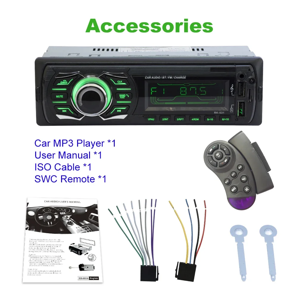 REAKOSOUND 1 din Radio estéreo para automóvil Reproductor multimedia MP3 Universal 7 luces coloridas FM Bluetooth Entrada auxiliar 2 USB Autoradio