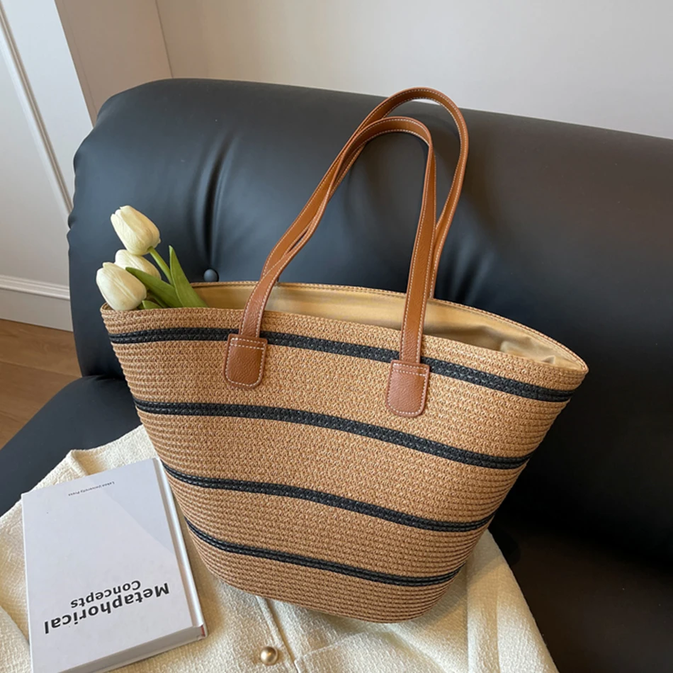 

Women Straw Woven Handbags Fashion Striped Shoulder Bags Brand Large Capacity Shopping Tote Bag Designer Travel Purse Handbag