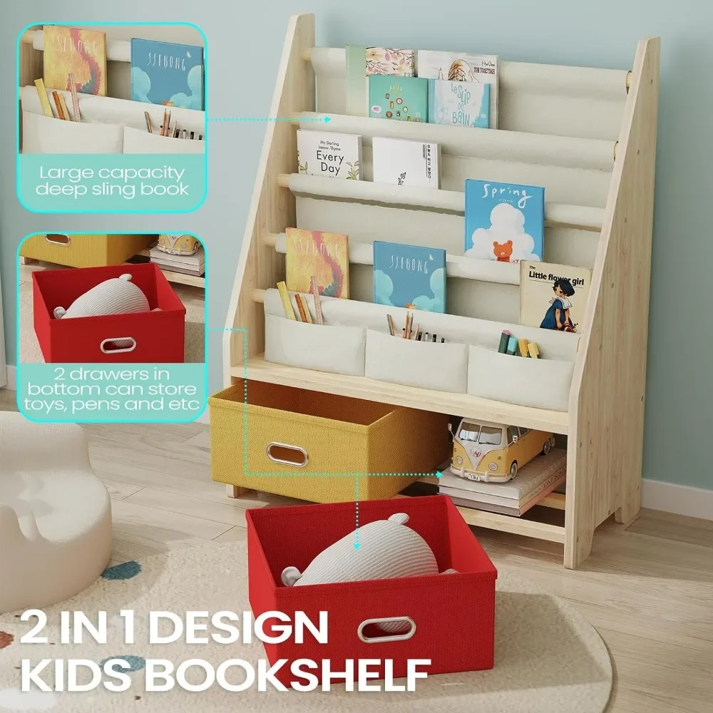 4 Tier Kids Book Shelf, Wooden Kids Book Rack Storage Bookshelf with Toy Storage Organizer, 4