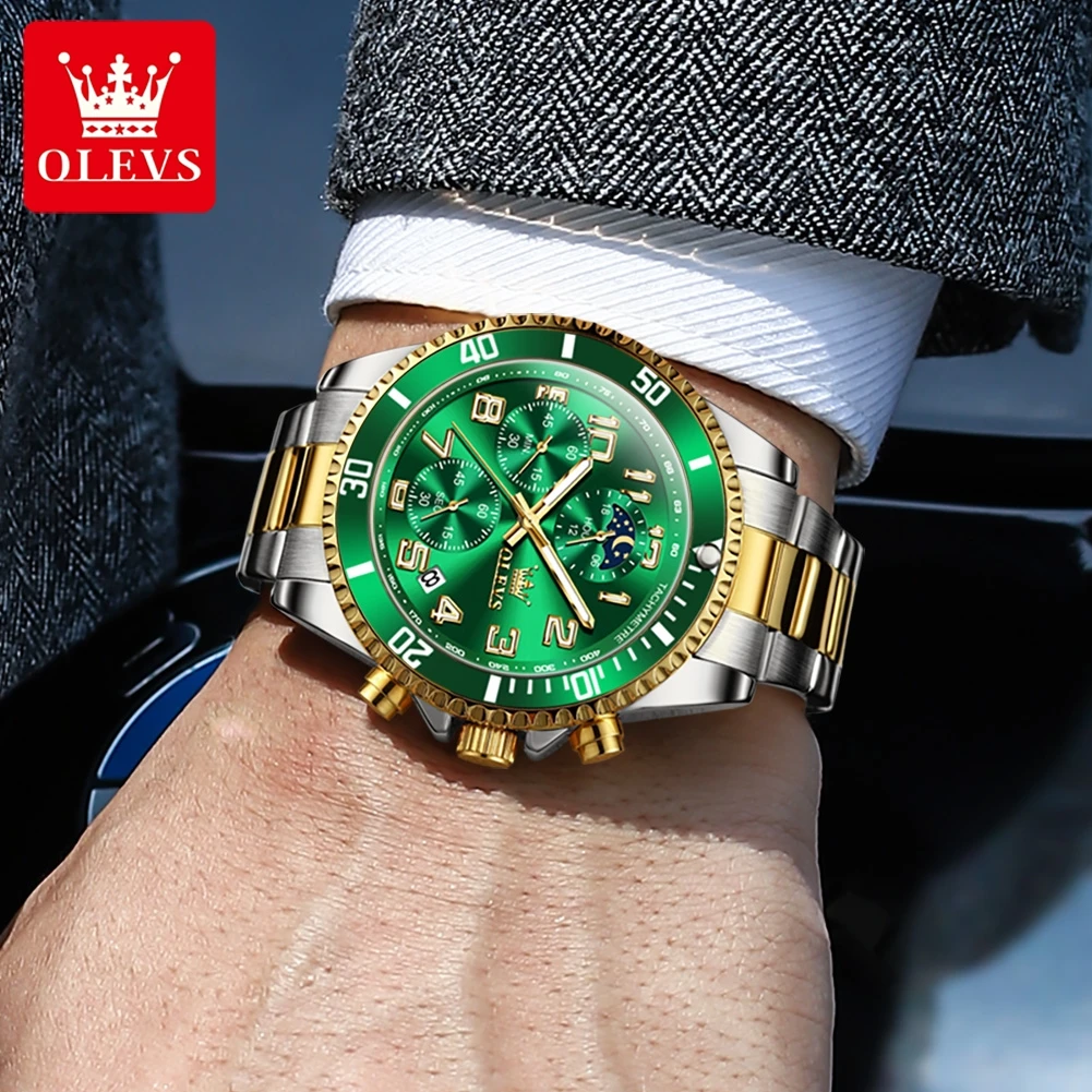 OLEVS 2926 Watch For Men Number Scale Moon Phase Date Quartz Man Watch 43mm Big Dial Chronograph Waterproof Fashion Wristwatch