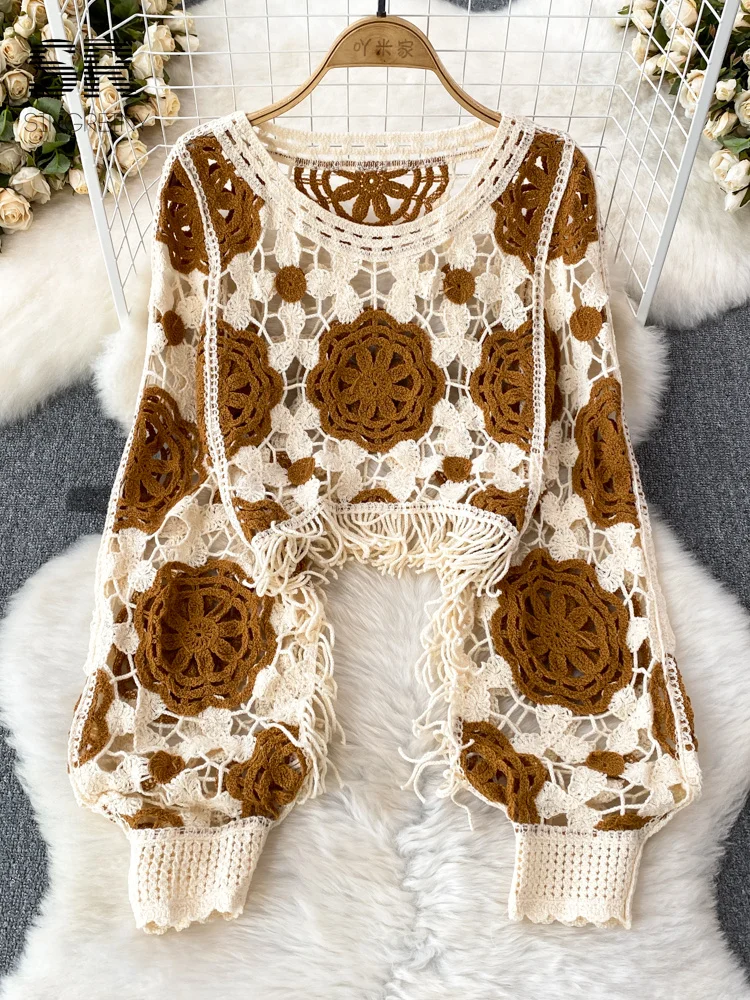 SINGREINY 선 스크린 후크 여름 니트 탑 여성 우아한 O 넥 중공 랜턴 슬리브 숙녀 휴가 술 비치 블라우스