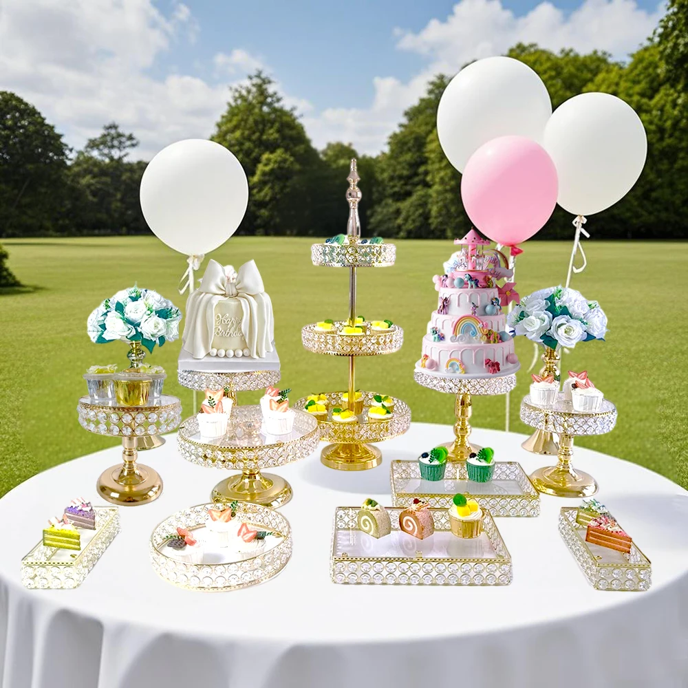 Wedding Cake Stands 3-15Piece Set Crystal Gold Silver Plated Cheese Dessert 3 TIers Cupcake Cake StandAcrylic Plate