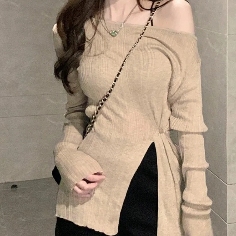 

Sexy Slash Neck Tops Women Slim Waist Autumn Winter Long Sleeved Knitted Shirt Fit Split Spicy Girls Pullovers Y2k Street Mujer