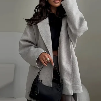 Cappotto corto casual da donna a maniche lunghe tinta unita Cappotto corto in lana ispessita moda Autunno Inverno Elegante giacca con lacci con scollo a V 1