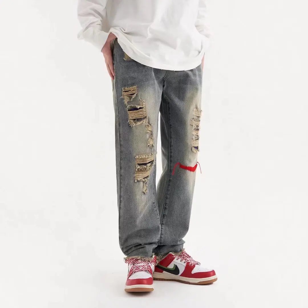 

Мужские джинсы в европейском и американском стиле, повседневные брюки в стиле хип-хоп, уличные тренды, свободные прямые брюки