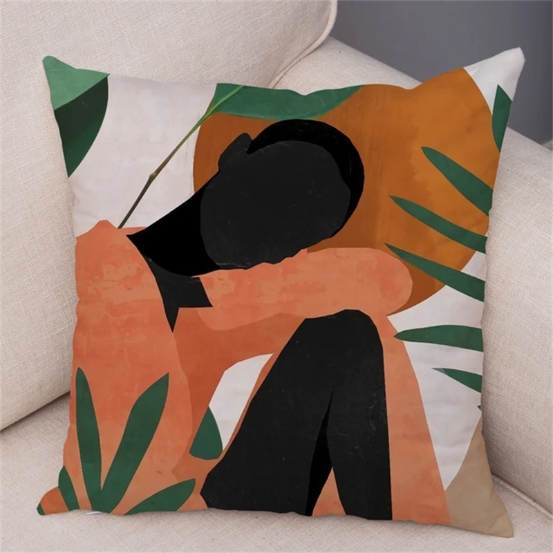 2022 Tropical Plant Soft Plush Black Africa Girl Pillow Case Linen Geometric Fashion Women Cushion Cover for Sofa Car Home Decor 