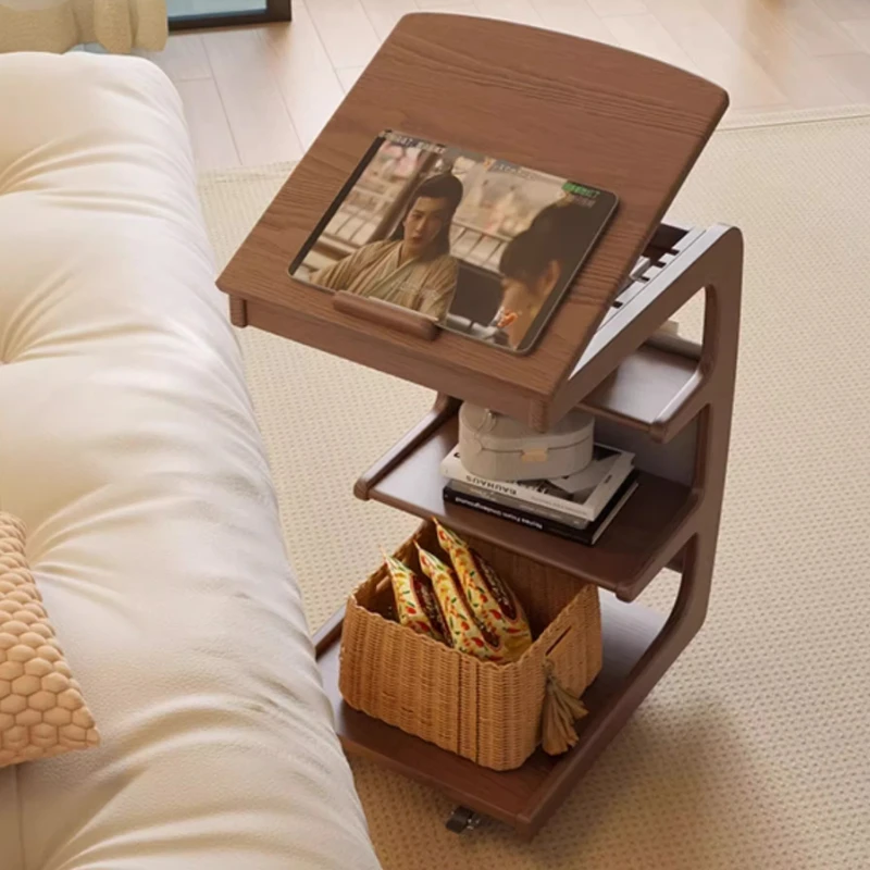 Solid Wood Movable Sofa Side Table With Wheels For Living Room Bedside Coffee Table Small Home Storage Cabinet Table