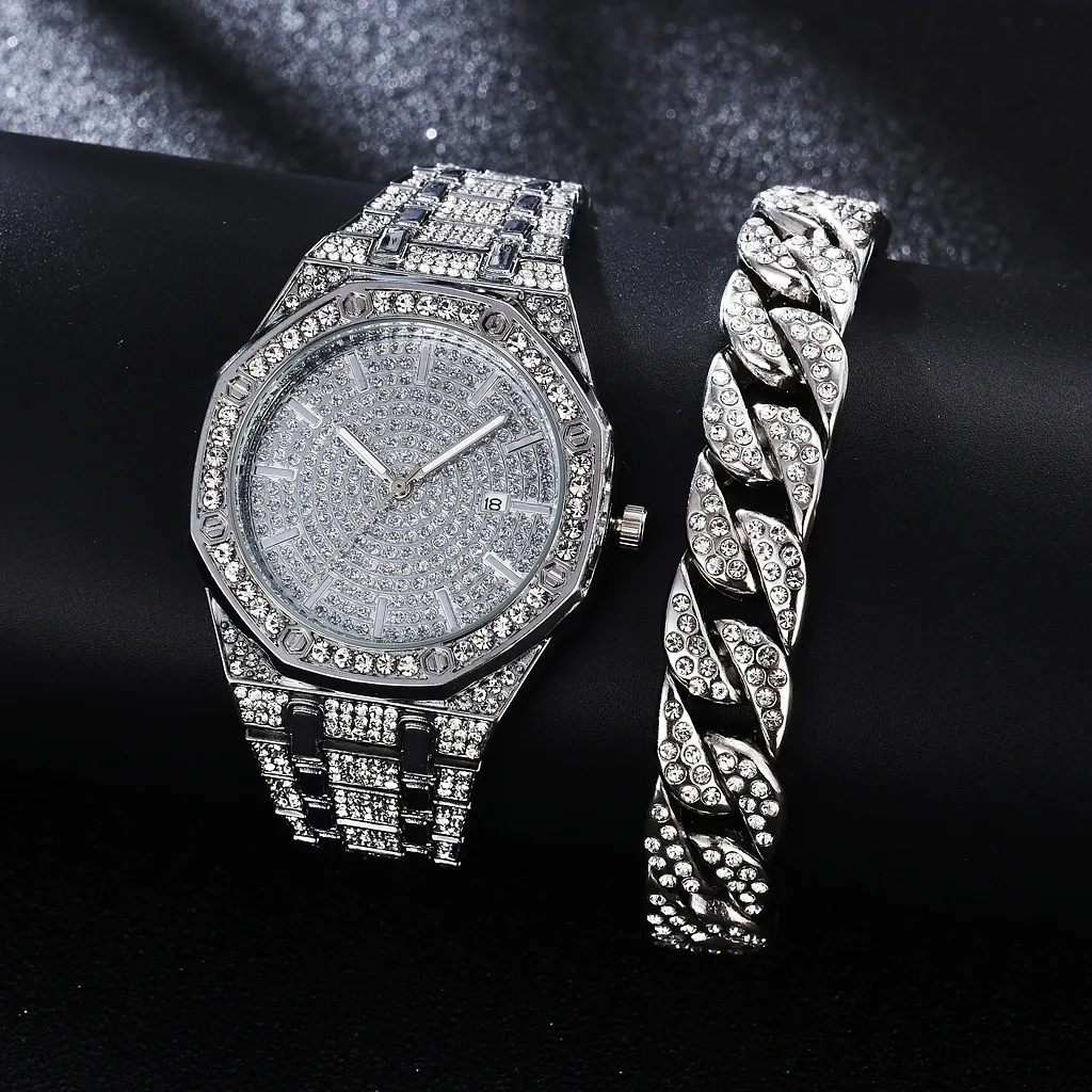 Luxury Iced Out Watch Bracelet for Women Mens Watch Cuban Chain Hip Hop Jewelry Set Rhinestone Gold Watch Men Religio Masculino