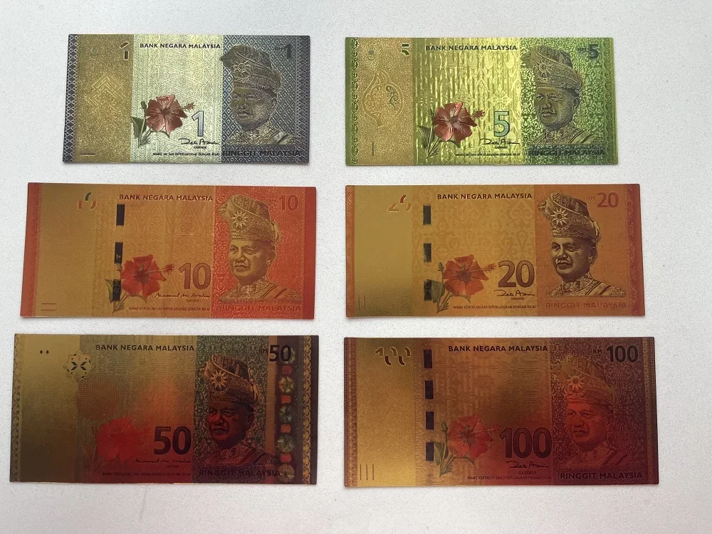 6 Pz/Lotto Gold Foil Bank Note Malesia Regali Malesia 1 5 10 20 50 100 Ringgit Banconota Placcata In Oro