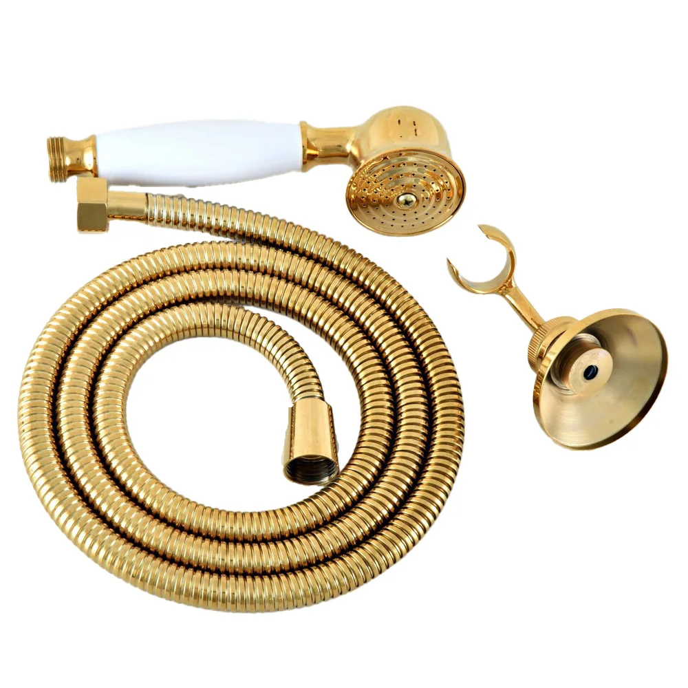 

Gold Color Brass Water-saving Round Hand Shower Head Ceramics Telephone Handheld Sprayer with 1.5m hose + Wall Bracket Lhh046
