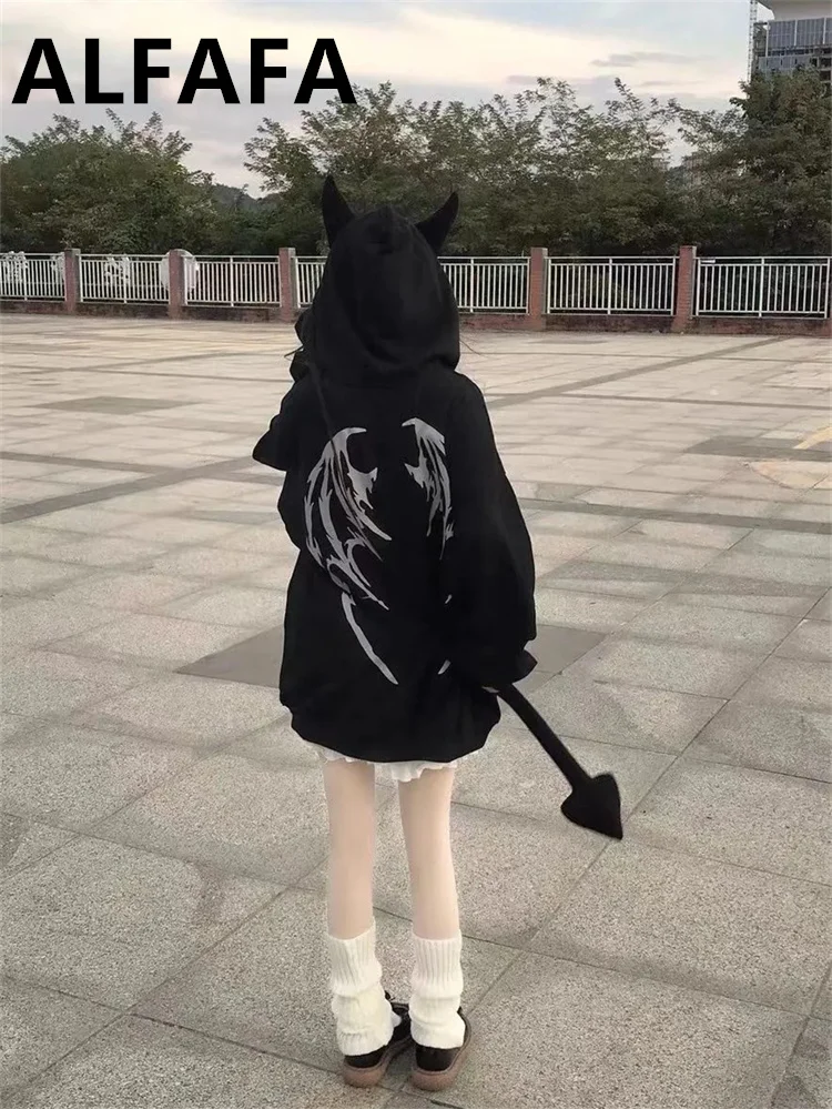 Grunge Gothic Harajuku Zip Up Hoodies Women Mall Goth Tops Japanese Streetwear Kawaii Hooded Sweatshirt 2023 Autumn Pullovers