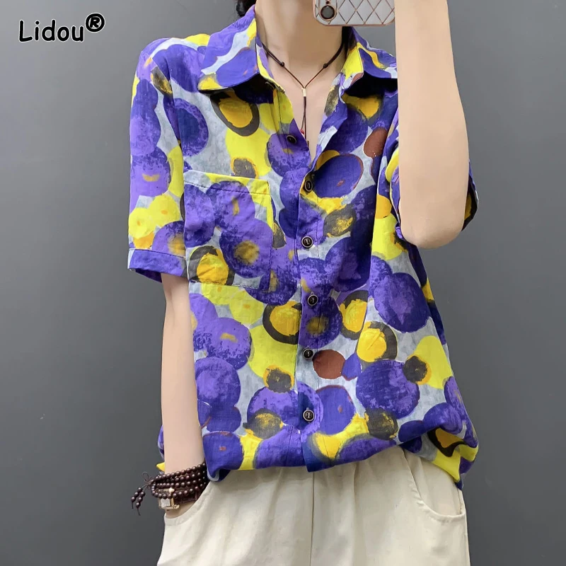 Korean Streetwear Fashion Casual Thin Women's Clothing 2023 Turn-down Collar Printing Pockets Loose Button Short Sleeve Blouses