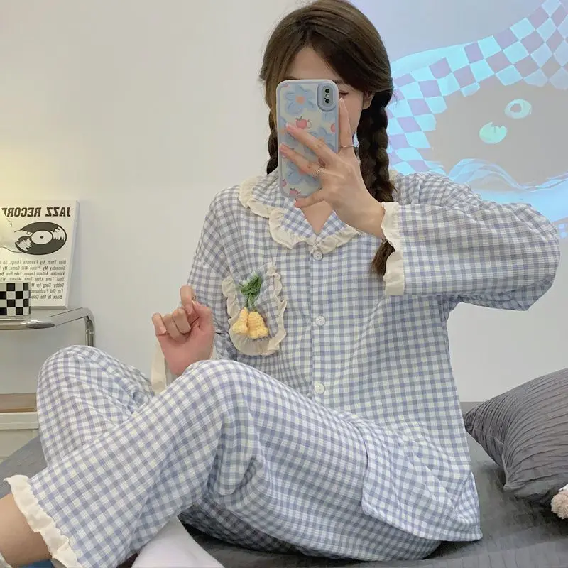Ruffled princess style pajamas women spring autumn Korean style new long-sleeved pants sweet and cute plaid home wear set chic