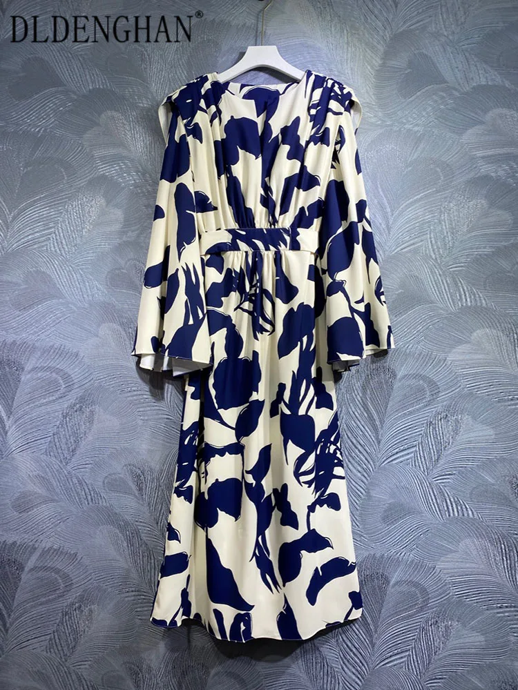 

DLDENGHAN Spring Summer Dress Women O-Neck Cloak Sleeves Print Vintage Party Long Dresses Fashion Runway New