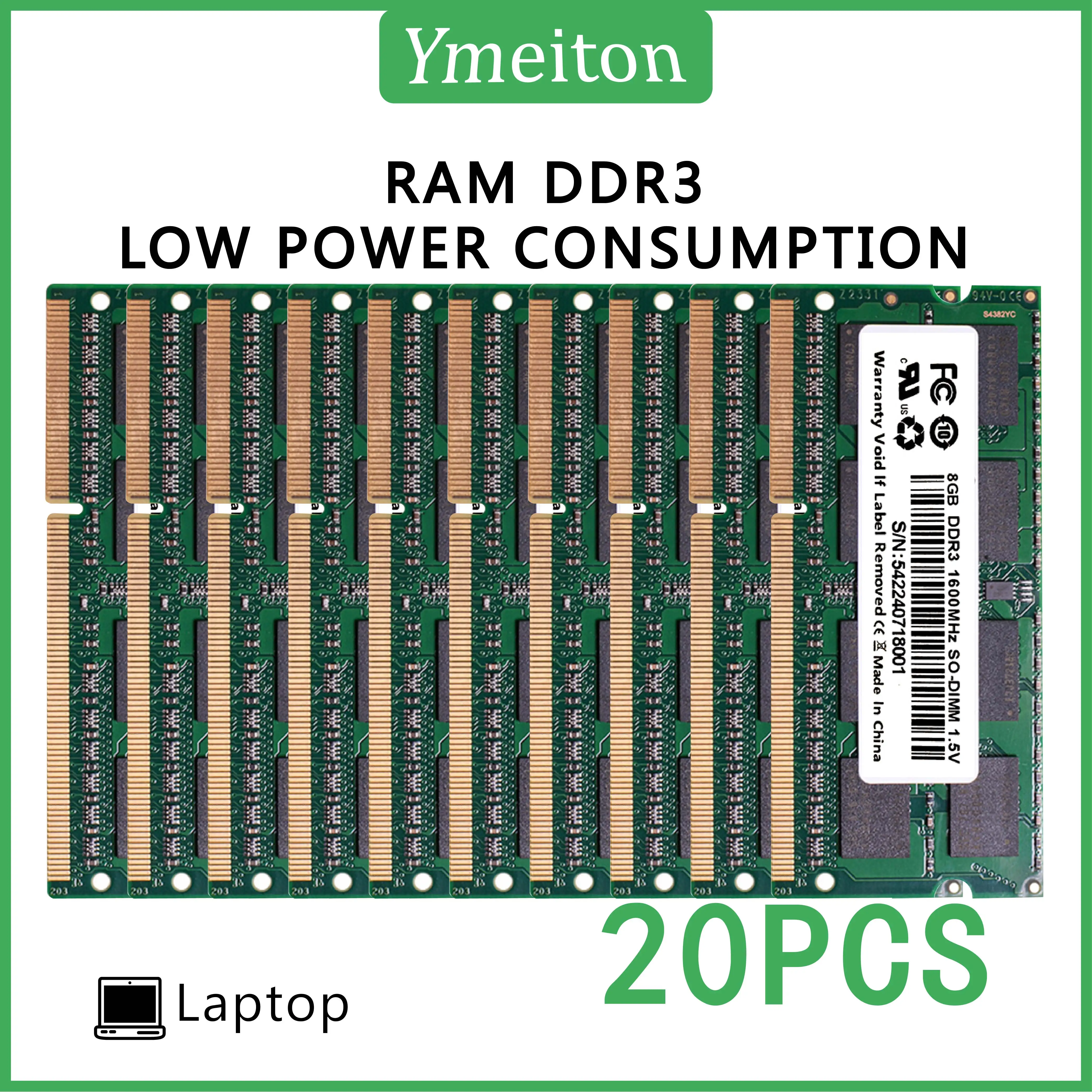 Ymeiton DDR3 20 PCS 노트북 메모리 스트립, ddr3 1333MHz 1600MHz 4GB 8GB SO-DIMM 메모리 RAM 204핀 범용 메모리 도매