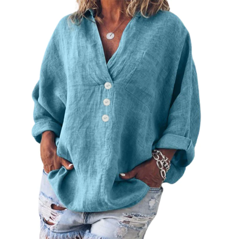 Autumn V Neck Button Decoration Pullover Shirt Women Solid Color Cotton Linen Long Sleeve Blouse Ladies Comfortable Casual Tops