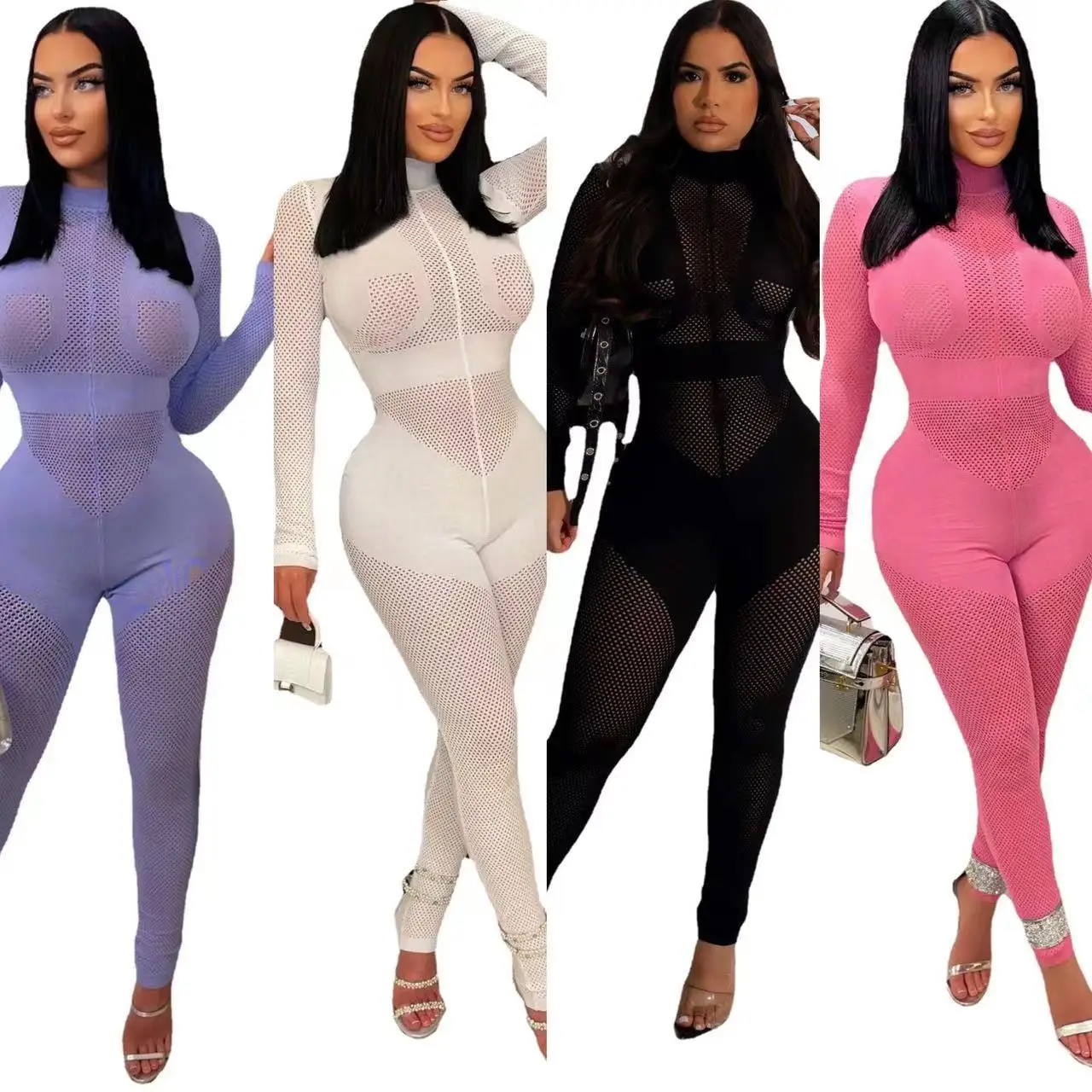 

LEOSD Long Sleeve Hollow Out Knit Turtleneck Slim Skinny Jumpsuit Autumn Winter Women Clothing Romper Streetwear Playsuit