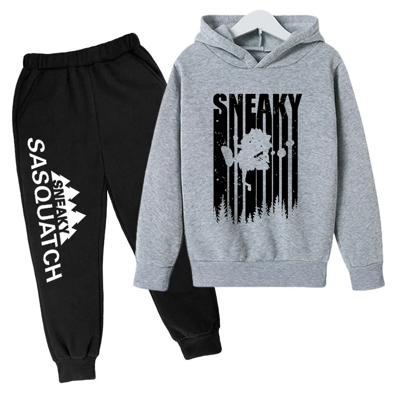 thumbnail image 1 of Conjunto de sudadera con capucha y pantalones de polar para niños, conjunto de 2 piezas, chándal, estampado de cabeza grande de Sasquatch furtivo, 1 of 5