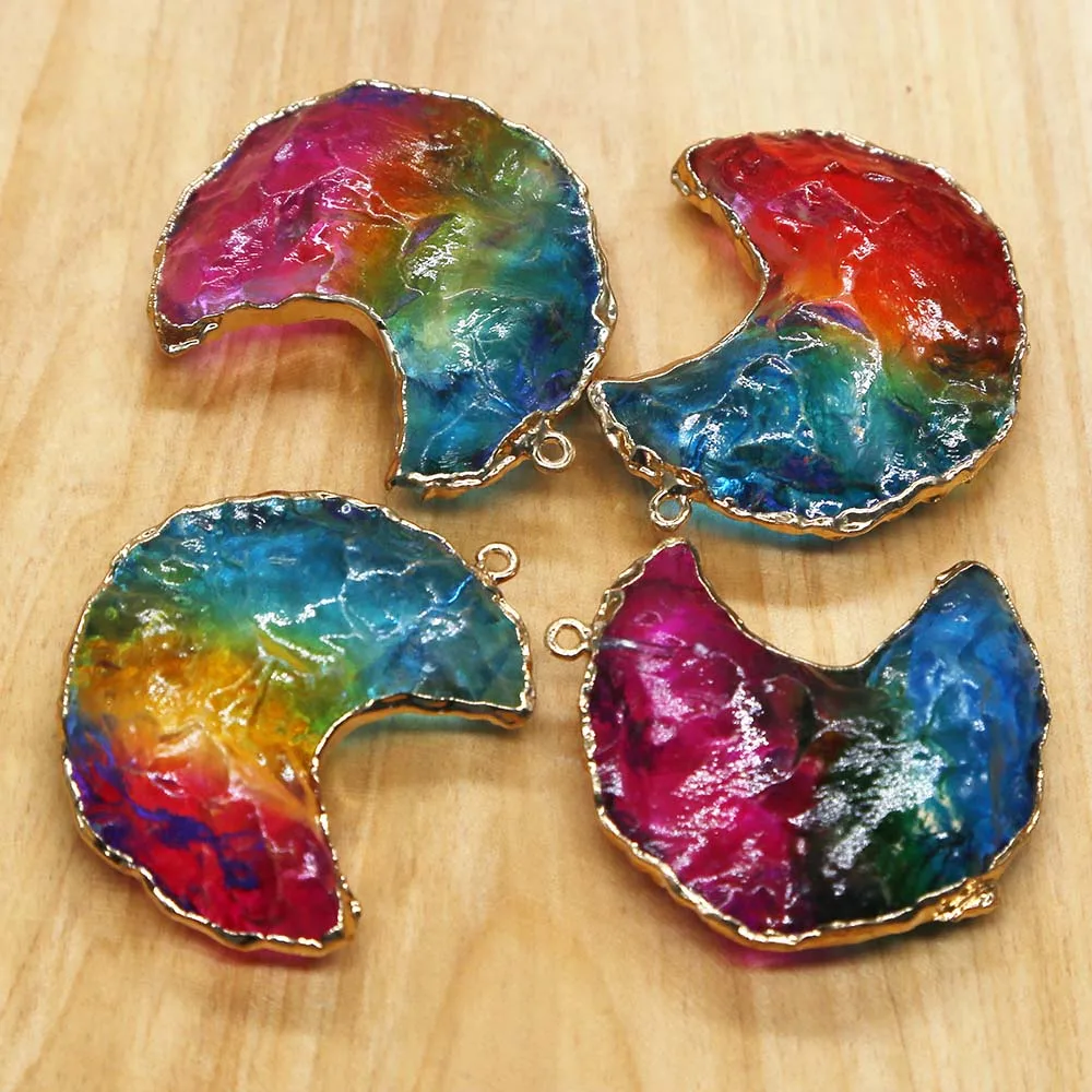 Natural Semi Precious Stone Color Crystal Crescent Gold Edged Necklace Pendant Charms Quality Jewelry Accessories Wholesale 8Pcs