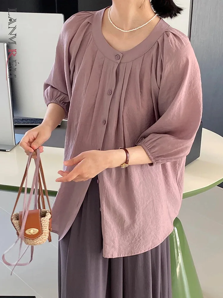 

Женская льняная Солнцезащитная рубашка [LANMREM], белая однобортная блузка с круглым вырезом и присборенной талией, 26D9079, лето 2024