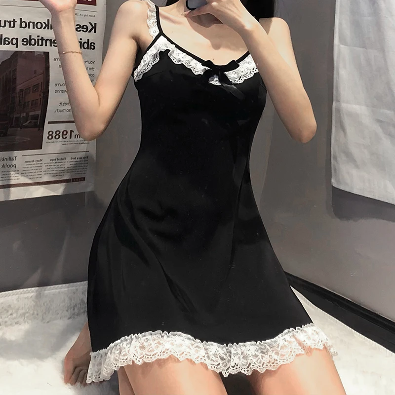 

Summer Dresses Goth Dark Lace Patchwork Strap Dress A-Line Backless Bow Gothic Satin Mini Sundress Female Sexy Club Party Wear