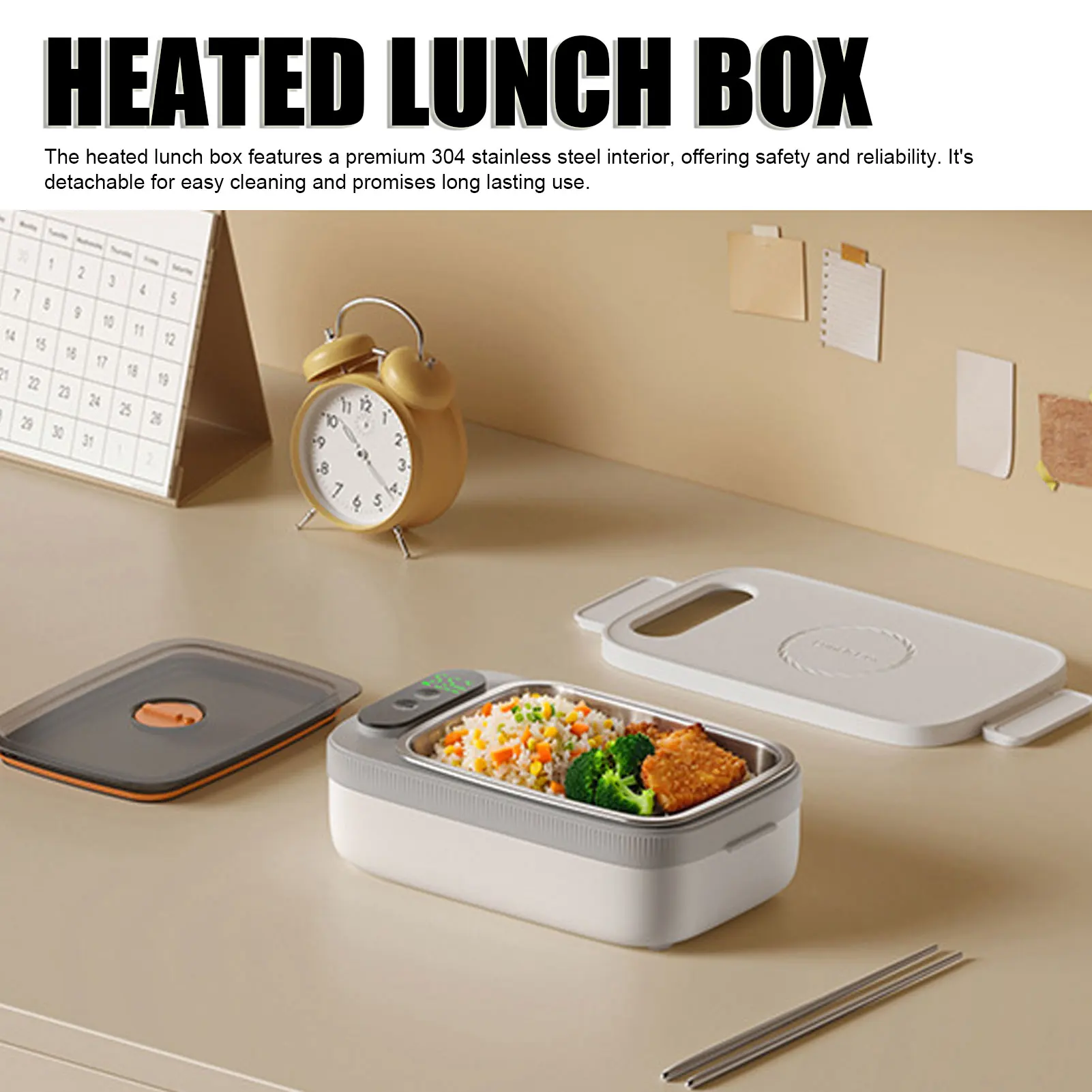 Heated Lunch Box Battery Powered 40W Lunch Box Food Heater Fast Heating Insulated Cordless 304 Stainless Steel for Picnic